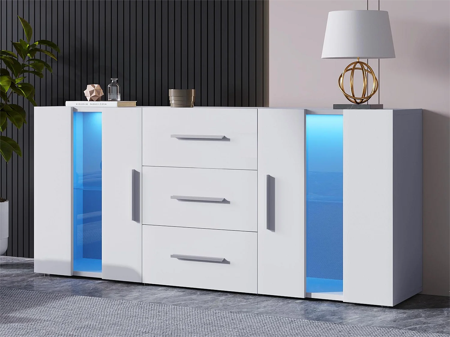 Dressoir met 2 deuren en 3 lades - LED's - MDF-hout - voor woonkamer, eetkamer - wit