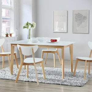 Uittrektafel CARINE – 6 tot 8 personen – Massief hevea en MDF – Wit Uittrektafel CARINE – 6 tot 8 personen – Massief hevea en MDF – Wit