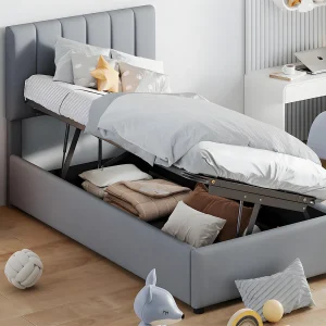 Gestoffeerd opbergbed in linnenstof – 90x200cm – Grijs Gestoffeerd opbergbed in linnenstof – 90x200cm – Grijs