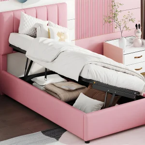 Gestoffeerd opbergbed in linnenstof – 90x200cm – Roze Gestoffeerd opbergbed in linnenstof – 90x200cm – Roze