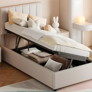 Gestoffeerd opbergbed in linnenstof – 90x200cm – Beige Gestoffeerd opbergbed in linnenstof – 90x200cm – Beige