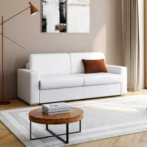 Snel omgebouwde slaapbank in wit kunstleer met 4 plaatsen en een matras van 18 cm CALITO Snel omgebouwde slaapbank in wit kunstleer met 4 plaatsen en een matras van 18 cm CALITO