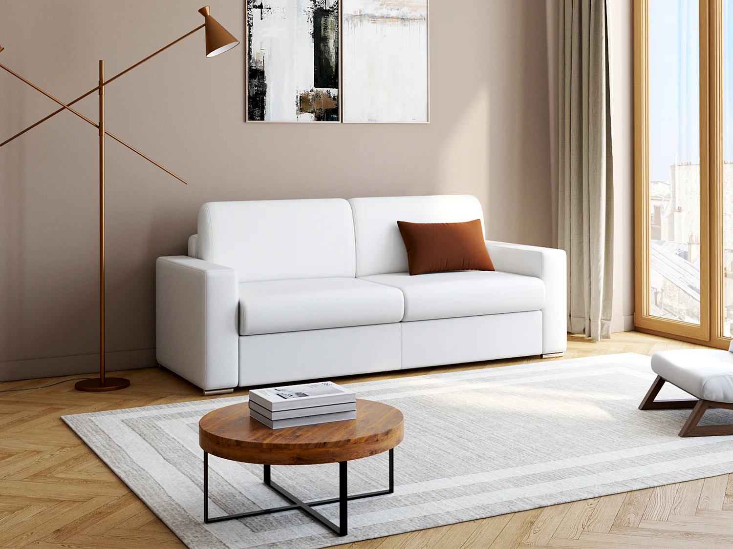 Snel omgebouwde slaapbank in wit kunstleer met 4 plaatsen en een matras van 22 cm CALITO