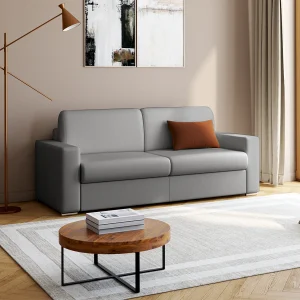 Snel omgebouwde slaapbank in grijs kunstleer met 4 plaatsen en een matras van 18 cm CALITO Snel omgebouwde slaapbank in grijs kunstleer met 4 plaatsen en een matras van 18 cm CALITO