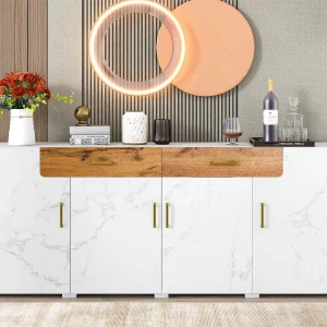 Dressoir met 4 deuren en 2 laden – Spaanplaat – voor woonkamer en eetkamer – Wit en naturel Dressoir met 4 deuren en 2 laden – Spaanplaat – voor woonkamer en eetkamer – Wit en naturel