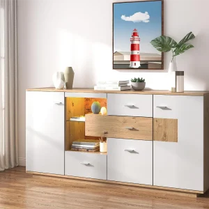 Dressoir met 2 deuren en 4 laden – glazen plank – LED's – kleuren: wit en eiken – 160x40x77cm Dressoir met 2 deuren en 4 laden – glazen plank – LED's – kleuren: wit en eiken – 160x40x77cm