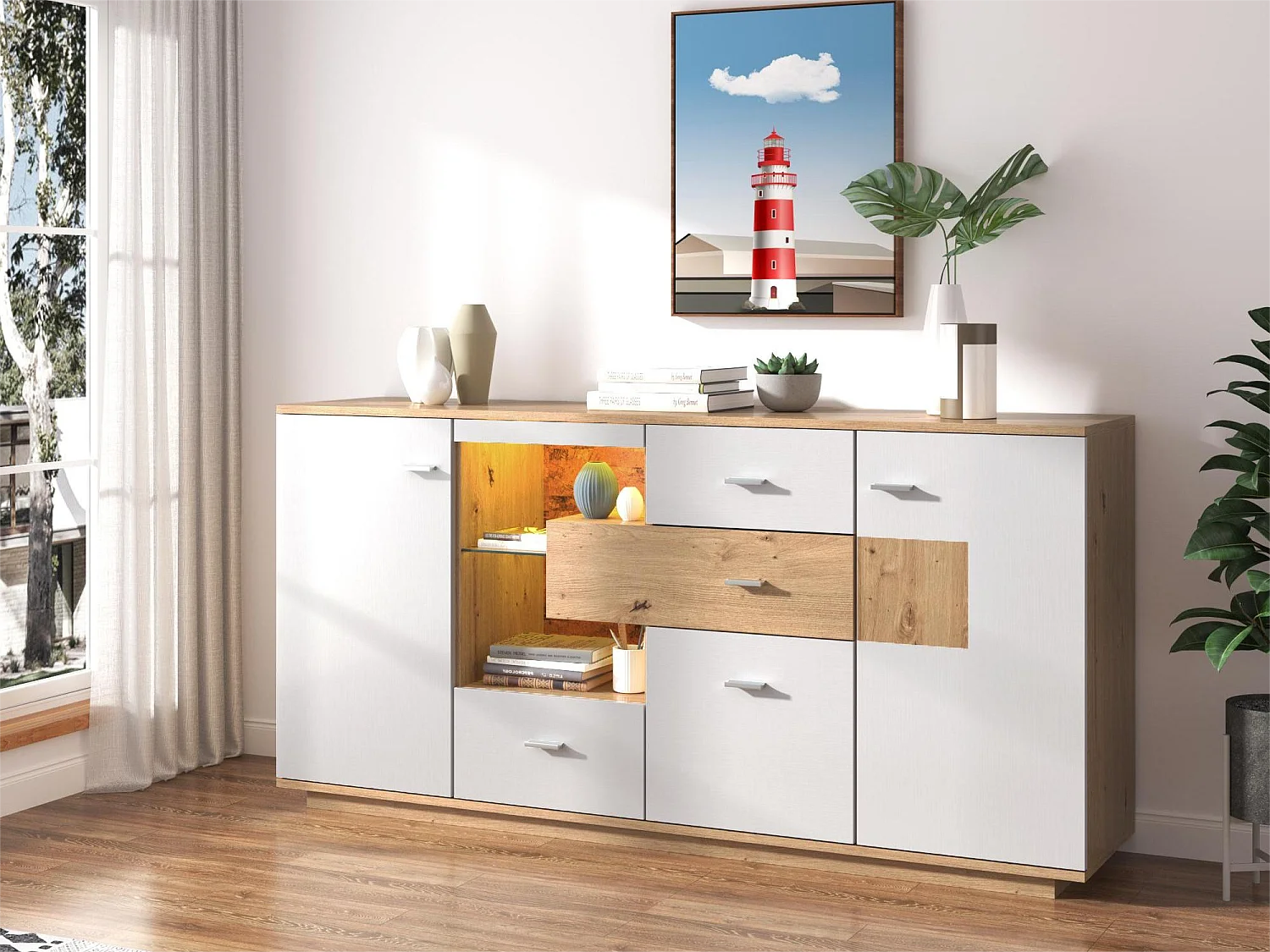Dressoir met 2 deuren en 4 laden - glazen plank - LED's - kleuren: wit en eiken - 160x40x77cm