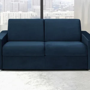 Snel omgebouwde slaapbank in blauw fluweel met 3 plaatsen en een matras van 14 cm CALITO Snel omgebouwde slaapbank in blauw fluweel met 3 plaatsen en een matras van 14 cm CALITO