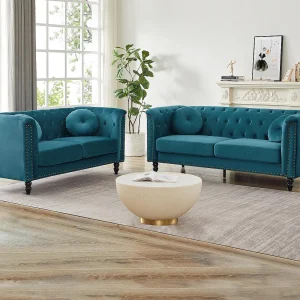 Drie- en tweezitsbank van blauwgroen velours met charmante stijl TURNER