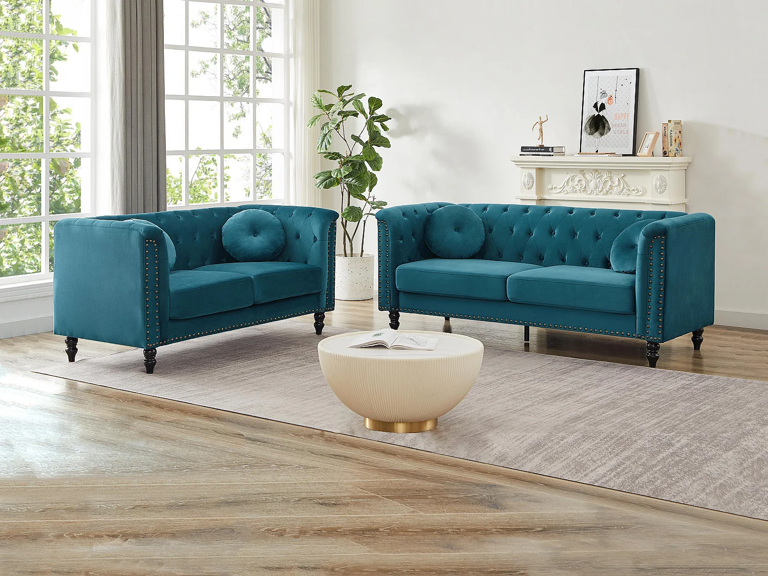 Drie- en tweezitsbank van blauwgroen velours met charmante stijl TURNER