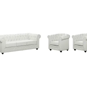 Driezitsbank en 2 fauteuils CHESTERFIELD van kunstleer – Wit Driezitsbank en 2 fauteuils CHESTERFIELD van kunstleer – Wit