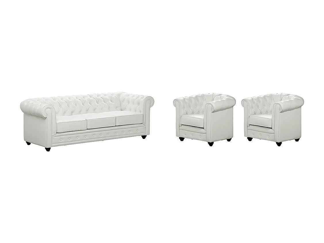 Driezitsbank en 2 fauteuils CHESTERFIELD van kunstleer - Wit