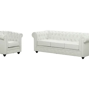 Driezitsbank en fauteuil CHESTERFIELD van kunstleer – Wit