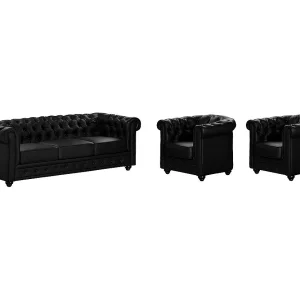 Driezitsbank en 2 fauteuils CHESTERFIELD van kunstleer Zwart Driezitsbank en 2 fauteuils CHESTERFIELD van kunstleer Zwart