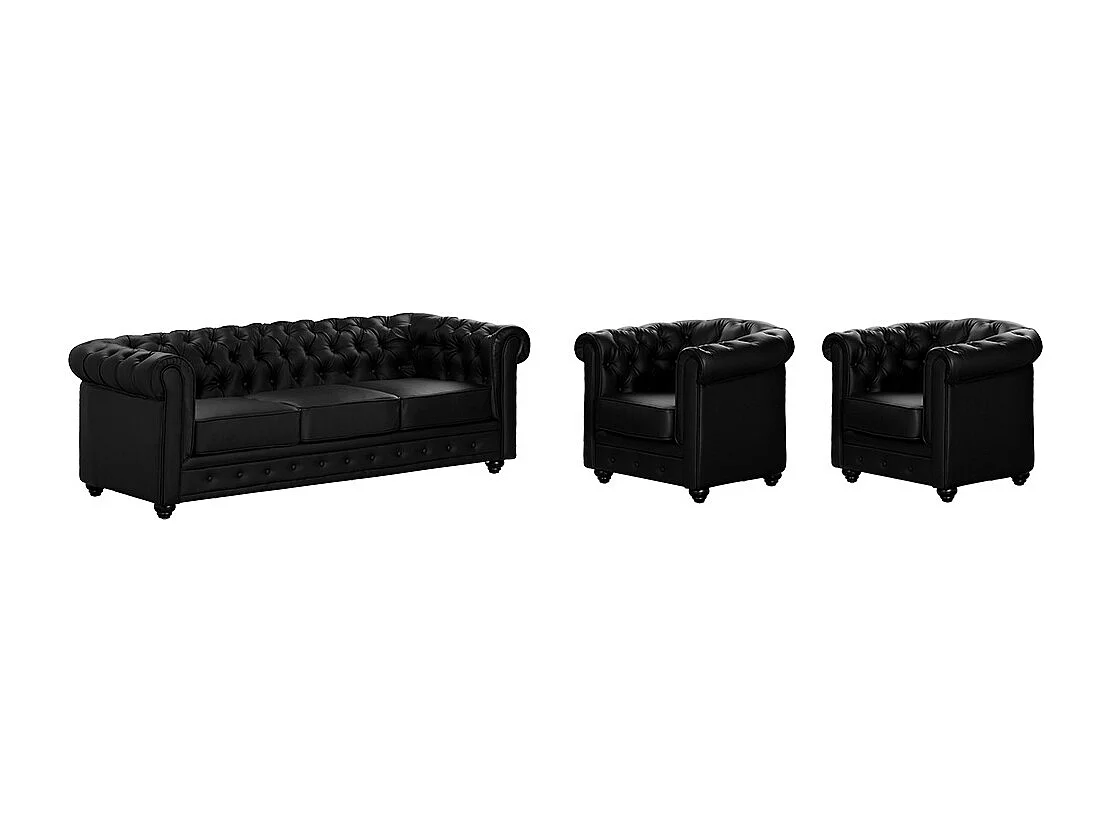 Driezitsbank en 2 fauteuils CHESTERFIELD van kunstleer Zwart