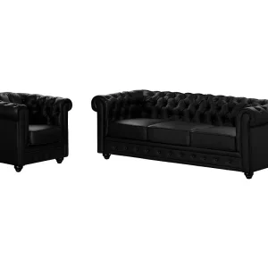 Driezitsbank en fauteuil CHESTERFIELD van kunstleer – Zwart