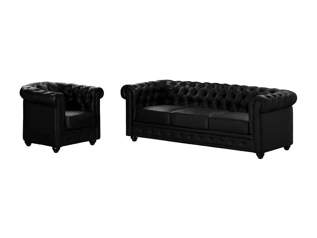 Driezitsbank en fauteuil CHESTERFIELD van kunstleer - Zwart