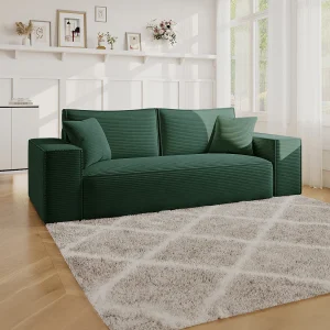 Express-driezitsslaapbank van spargroen ribfluweel AMELIA – Bed 140 cm – Matras 13 cm DUNLOPILLO