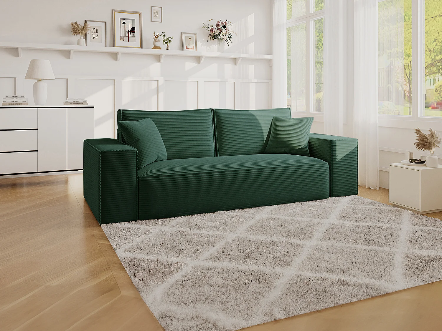 Express-driezitsslaapbank van spargroen ribfluweel AMELIA - Bed 140 cm - Matras 13 cm DUNLOPILLO