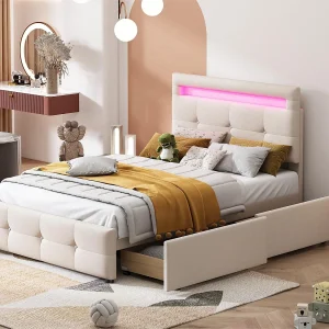 Eenpersoonsbed 90 x 200 cm met 2 lades – linnen stof – LED's – voor kinderen – beige
