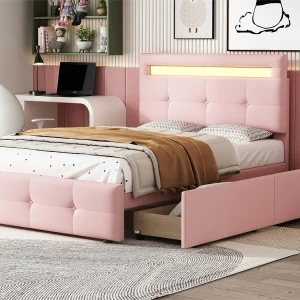 Eenpersoonsbed 90 x 200 cm met 2 laden – linnenstof – LED's – voor kinderen – roze