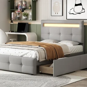 Eenpersoonsbed 90 x 200 cm met 2 laden – linnenstof – LED's – voor kinderen – grijs