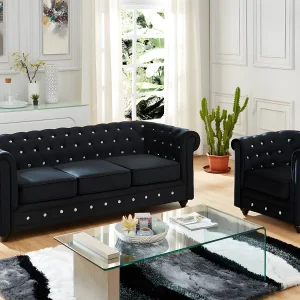 Driezitsbank en fauteuil CHESTERFIELD – fluweel – zwart Driezitsbank en fauteuil CHESTERFIELD – fluweel – zwart