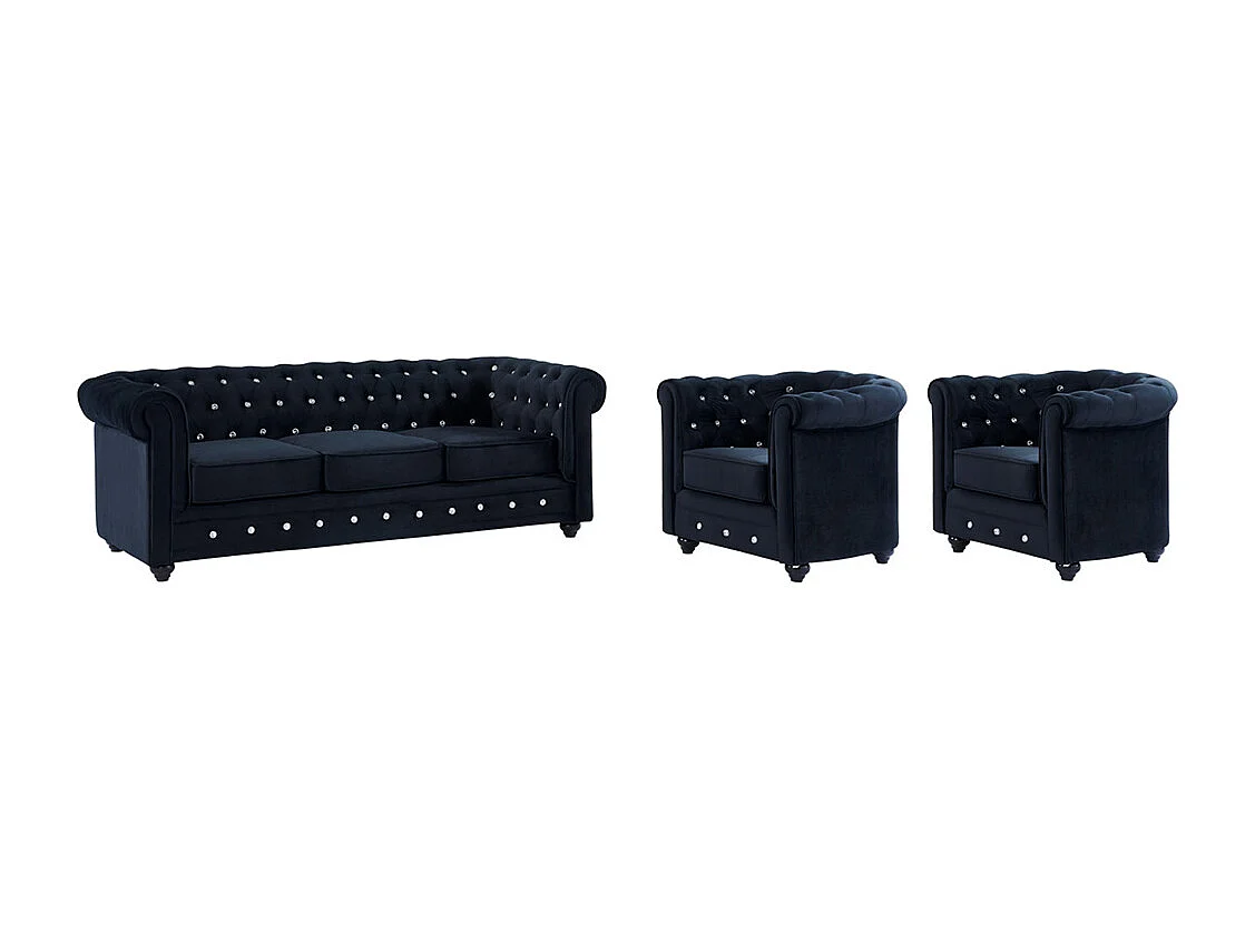 Driezitsbank en 2 fauteuils CHESTERFIELD - fluweel - zwart
