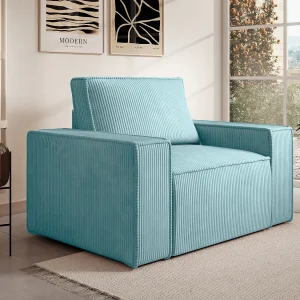 Fauteuil van turquoise ribfluweel met design-stijl AMELIA Fauteuil van turquoise ribfluweel met design-stijl AMELIA