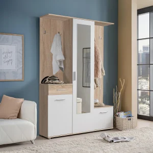 Gangkast met opbergruimte en 1 spiegel – Naturel en wit – CAMOLA