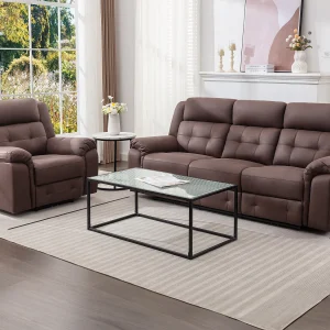 Elektrische driezitsrelaxbank en -fauteuil van bruin microvezel met verouderd leereffect ORTIANO Elektrische driezitsrelaxbank en -fauteuil van bruin microvezel met verouderd leereffect ORTIANO