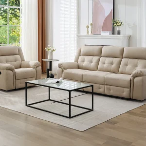 Elektrische driezitsrelaxbank en -fauteuil van bruin microvezel ORTIANO Elektrische driezitsrelaxbank en -fauteuil van bruin microvezel ORTIANO