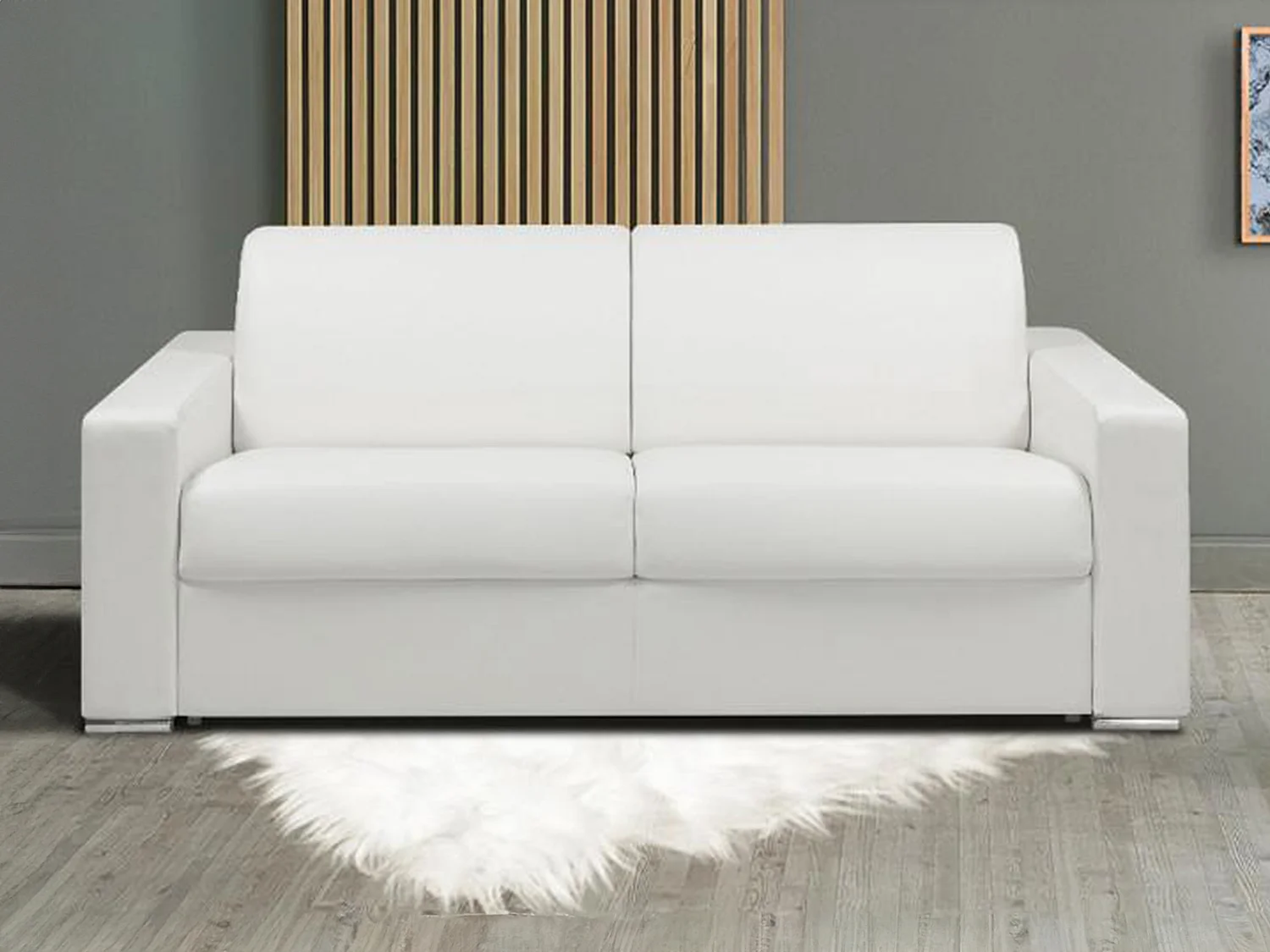 Snel omgebouwde slaapbank in wit kunstleer met 3 plaatsen en een matras van 18 cm CALITO
