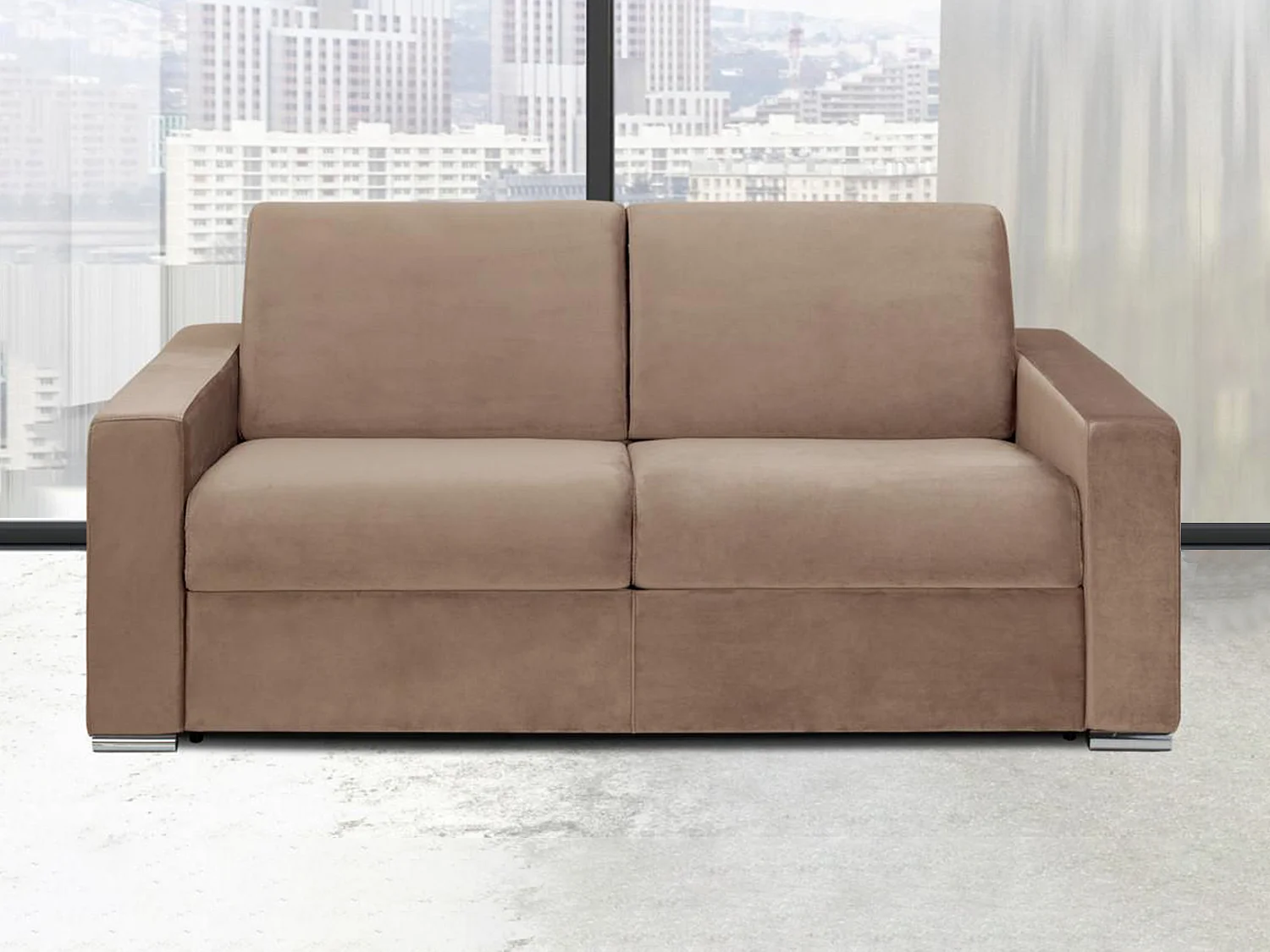Snel omgebouwde slaapbank in beige fluweel met 3 plaatsen - matras van 14 cm CALITO