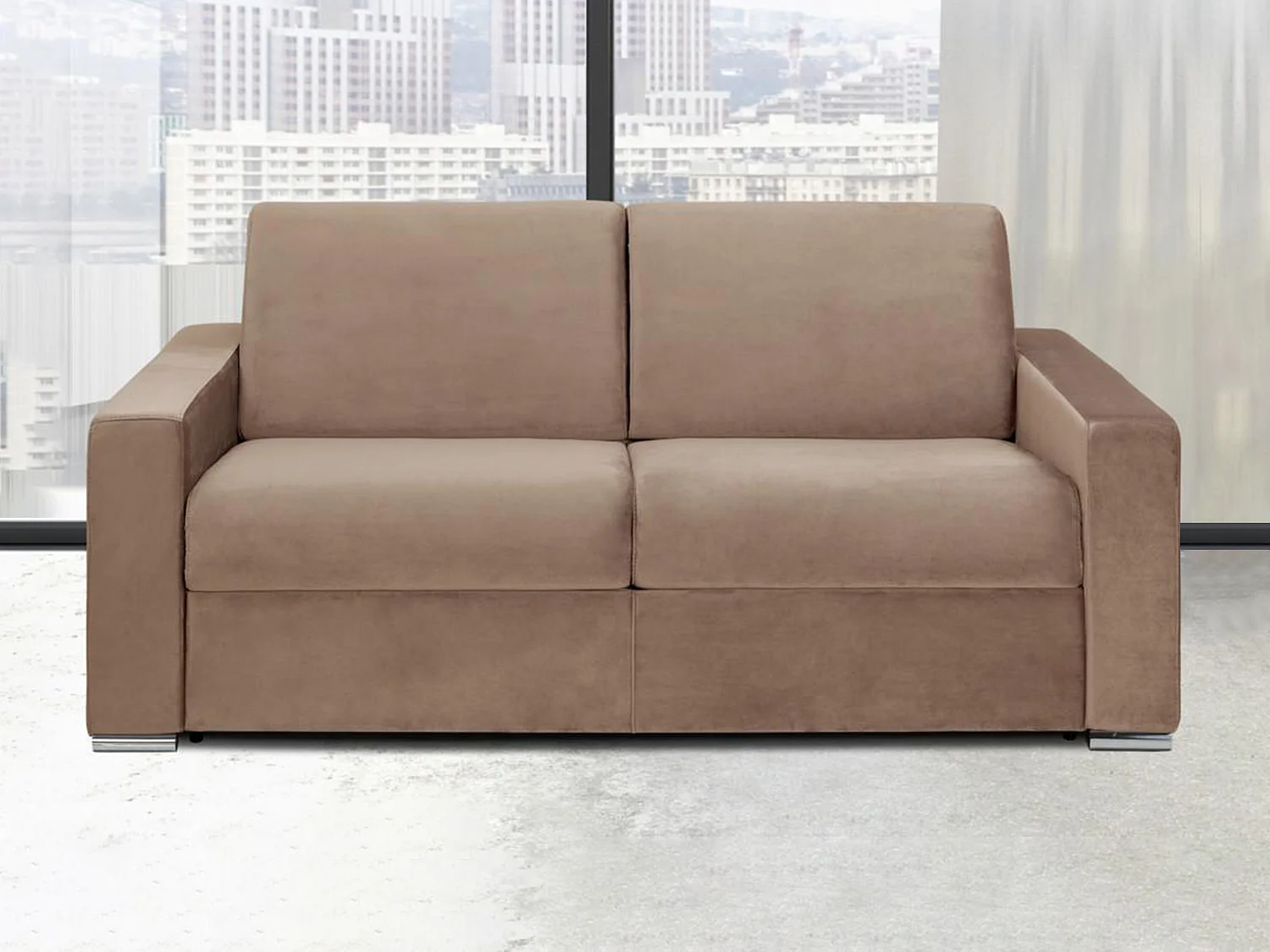 Snel omgebouwde slaapbank in beige fluweel met 3 plaatsen - matras van 18 cm CALITO