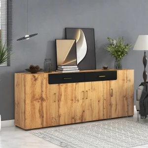 Dressoir met 2 laden en 4 deuren – 208 x 39,5 x 80 cm – houteffect – voor keuken of woonkamer – zwart en eikenkleur Dressoir met 2 laden en 4 deuren – 208 x 39,5 x 80 cm – houteffect – voor keuken of woonkamer – zwart en eikenkleur