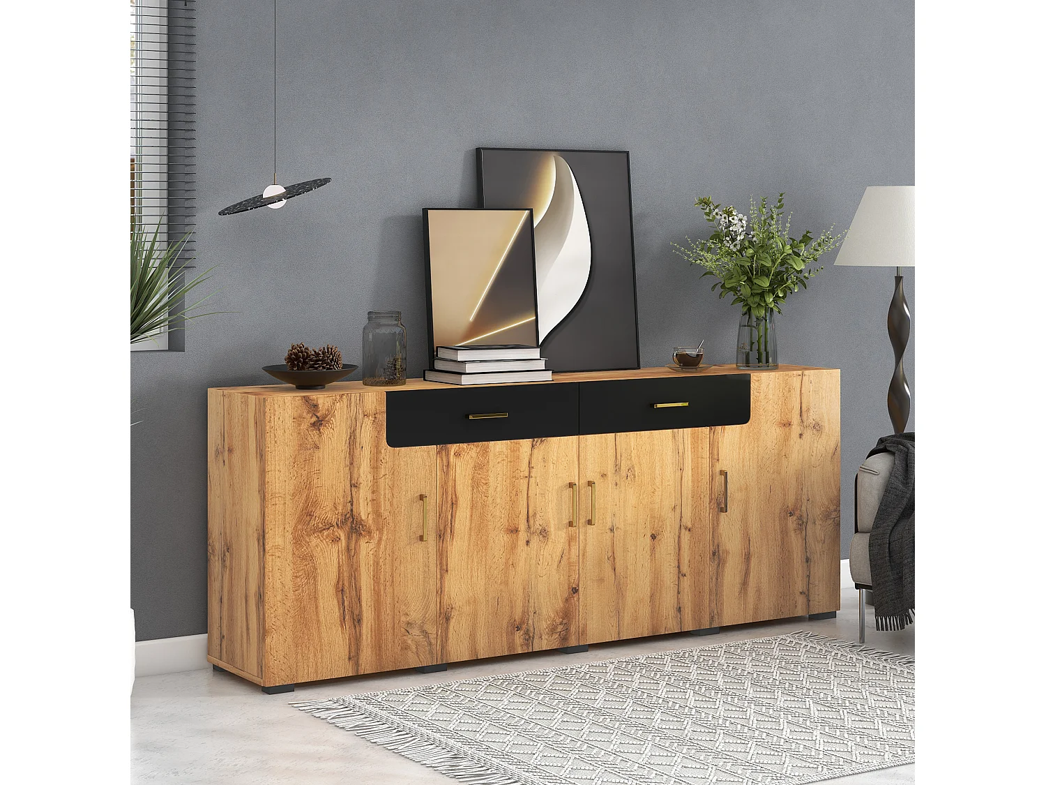 Dressoir met 2 laden en 4 deuren - 208 x 39,5 x 80 cm - houteffect - voor keuken of woonkamer - zwart en eikenkleur