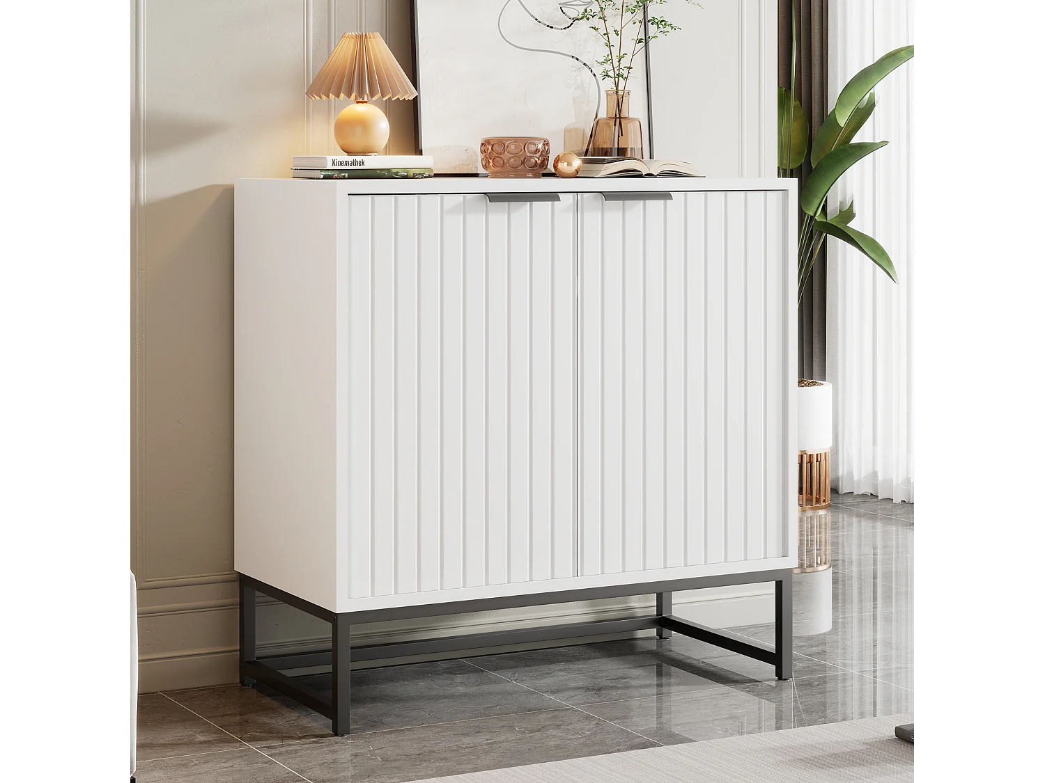 Dressoir met 2 deuren - metalen handgrepen en poten - voor woonkamer, hal en eetkamer - Kleur: wit - 80 x 40 x 80 cm