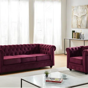Driezitsbank en fauteuil CHESTERFIELD – Fluweel paars