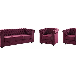 Driezitsbank en 2 fauteuils CHESTERFIELD – Fluweel paars Driezitsbank en 2 fauteuils CHESTERFIELD – Fluweel paars