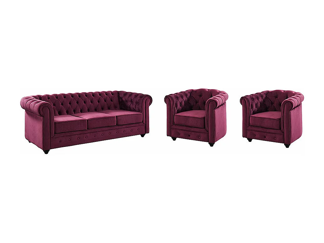 Driezitsbank en 2 fauteuils CHESTERFIELD - Fluweel paars