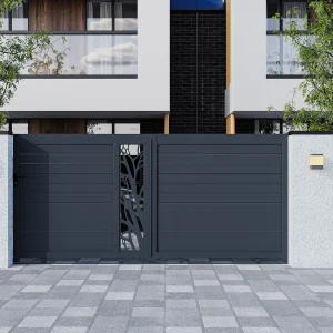 Elektrische, schuivende, half opengewerkte aluminium tuinpoort L400 x H179 cm donkergrijs LABRIT II Elektrische, schuivende, half opengewerkte aluminium tuinpoort L400 x H179 cm donkergrijs LABRIT II