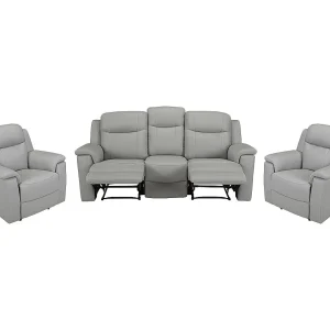Driezits relaxbank en 2 relaxfauteuils EVASION van leer – Licht grijs
