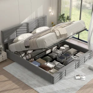 Fluweel opbergbed 180 x 200 cm – verstelbaar hoofdeinde – gestreepte stijl – grijs Fluweel opbergbed 180 x 200 cm – verstelbaar hoofdeinde – gestreepte stijl – grijs