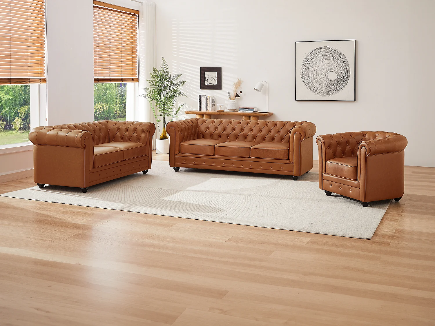 Driezitsbank, tweezitsbank en fauteuil van camelkleurig vaarsleer CHESTERFIELD