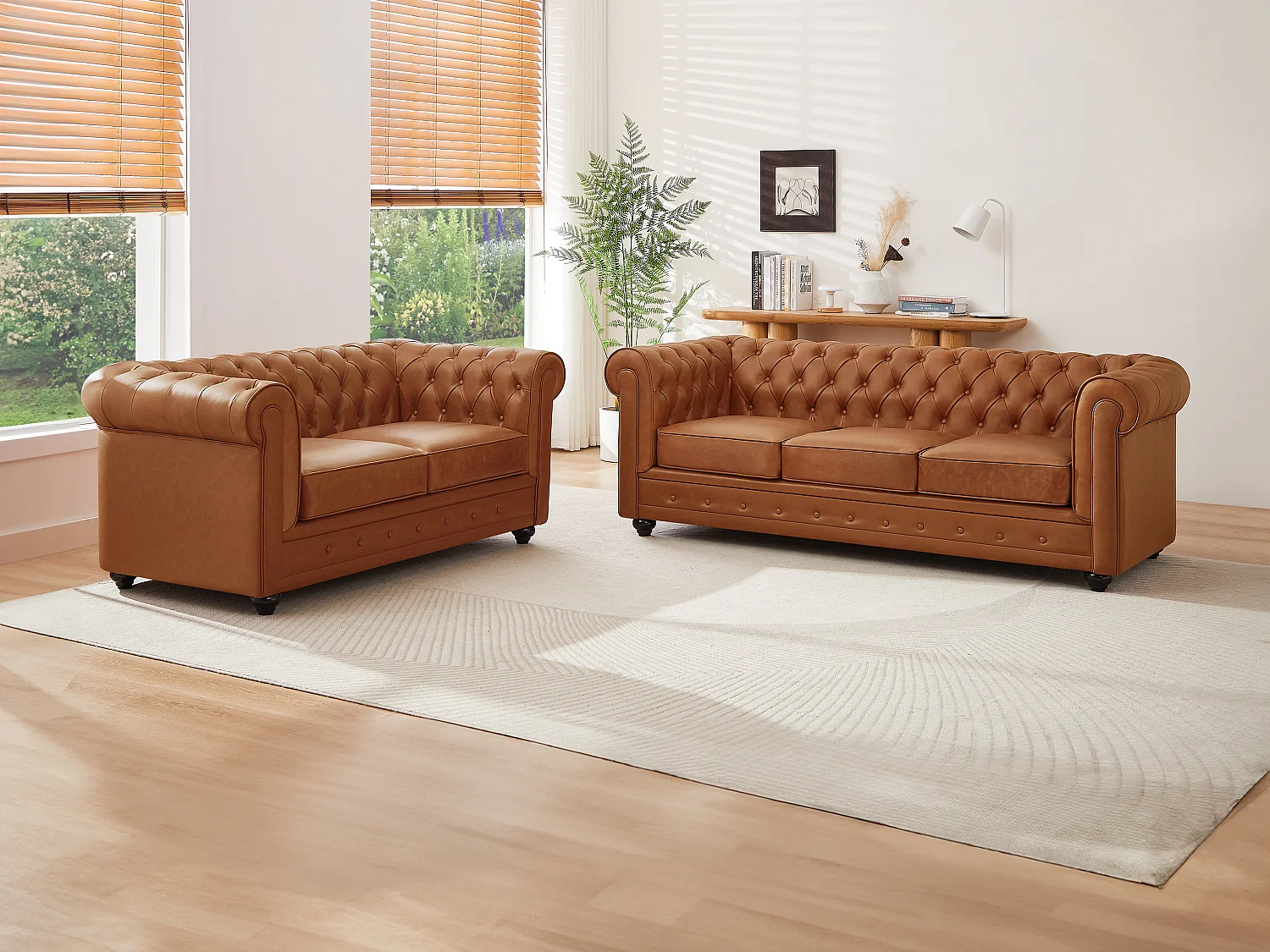 Driezitsbank en tweezitsbank van camelkleurig vaarsleer CHESTERFIELD
