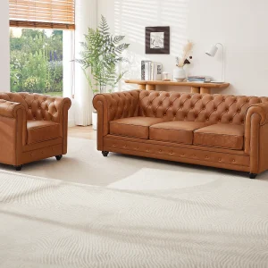 Driezitsbank en fauteuil van camelkleurig vaarsleer CHESTERFIELD