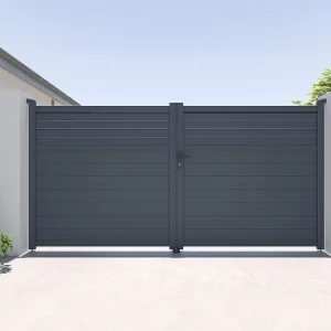 Elektrische vleugelpoort in aluminium met jaloezievorm L355 x H181 cm donkergrijs – VIAZO Elektrische vleugelpoort in aluminium met jaloezievorm L355 x H181 cm donkergrijs – VIAZO