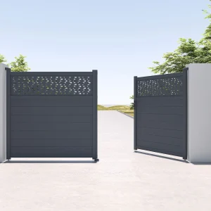 Elektrische vleugelpoort in aluminium met motieven L355 x H181 cm donkergrijs – BAZIO Elektrische vleugelpoort in aluminium met motieven L355 x H181 cm donkergrijs – BAZIO