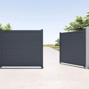 Elektrische vleugelpoort in aluminium met jaloezievorm L397 x H181 cm donkergrijs – VIAZO Elektrische vleugelpoort in aluminium met jaloezievorm L397 x H181 cm donkergrijs – VIAZO